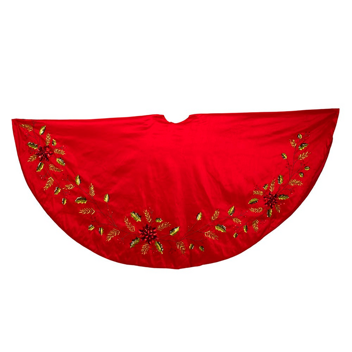72 Red Dupion With Multi Sequin Poinsettia & Holly Leaves Tree Skirt - The Well Appointed House