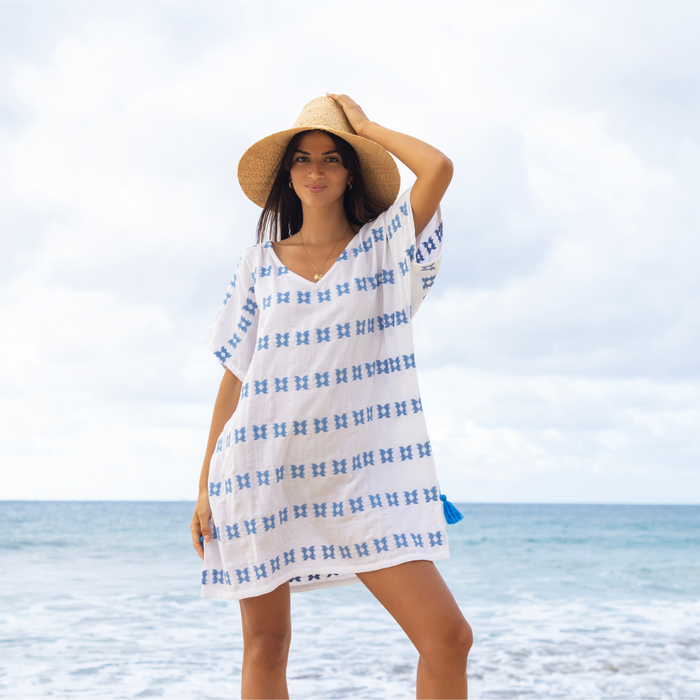 Capucine Women's Mini Caftan, Blue Embroidery - The Well Appointed House