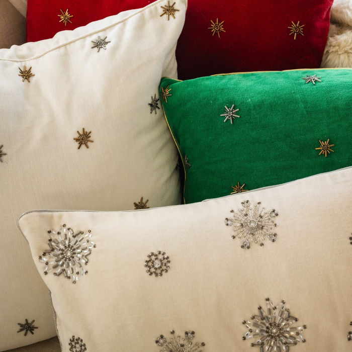 Embroidered Snowflake Pillow, Cream Cotton Velvet - The Well Appointed House