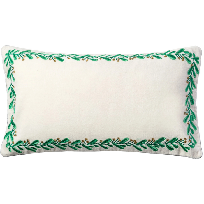 Embroidered Border Mistletoe Pillow, Cream Cotton Velvet - The Well Appointed House
