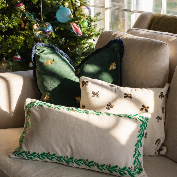 Embroidered Border Mistletoe Pillow, Cream Cotton Velvet - The Well Appointed House