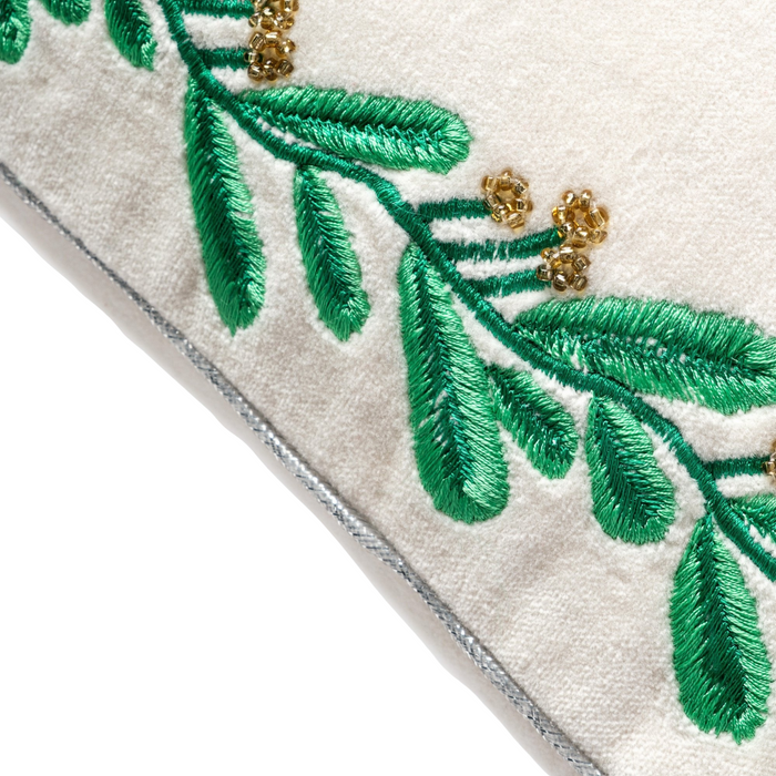 Embroidered Border Mistletoe Pillow, Cream Cotton Velvet - The Well Appointed House