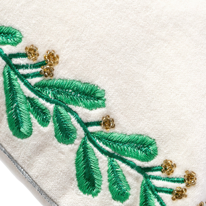 Embroidered Border Mistletoe Pillow, Cream Cotton Velvet - The Well Appointed House