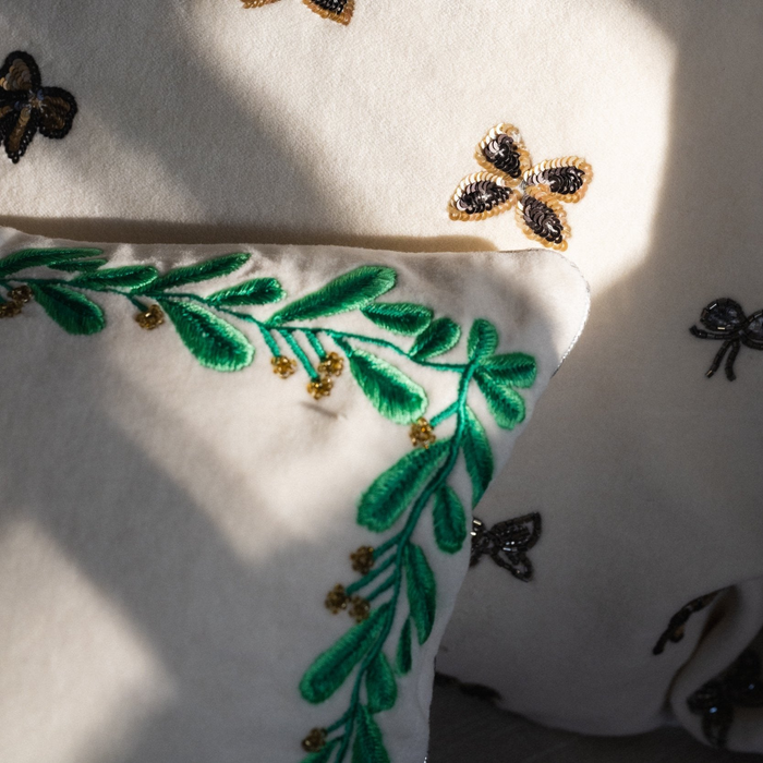 Embroidered Border Mistletoe Pillow, Cream Cotton Velvet - The Well Appointed House