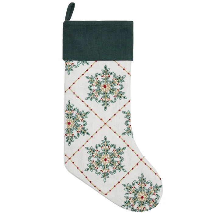 Festive Greenery Snowflakes Embroidered Stocking - The Well Appointed House