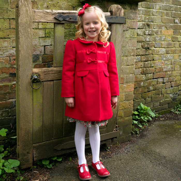 Girls Red Bow Trim Coat - The Well Appointed House