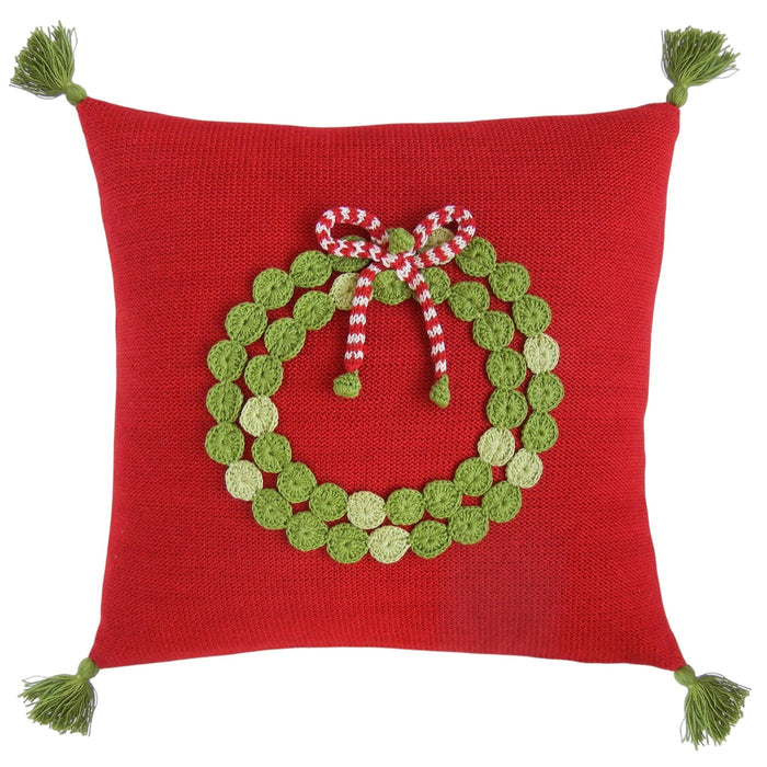 Green Wreath 14" Pillow, Red - The Well Appointed House