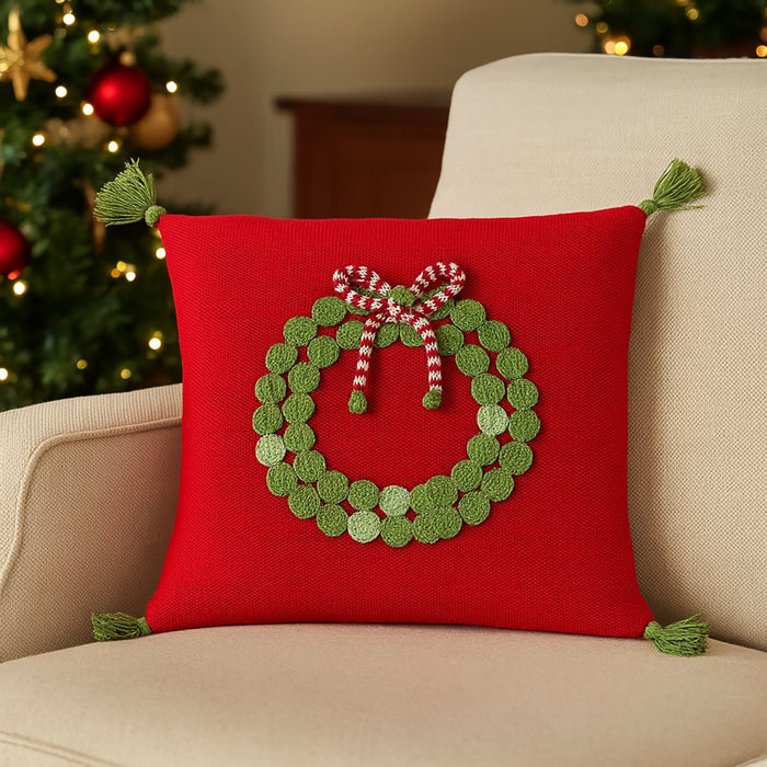 Green Wreath 14" Pillow, Red - The Well Appointed House