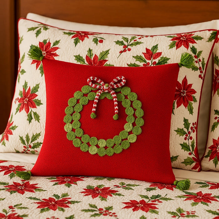 Green Wreath 14" Pillow, Red - The Well Appointed House