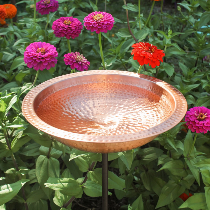 Hammered Solid Copper Birdbath & Garden Stake