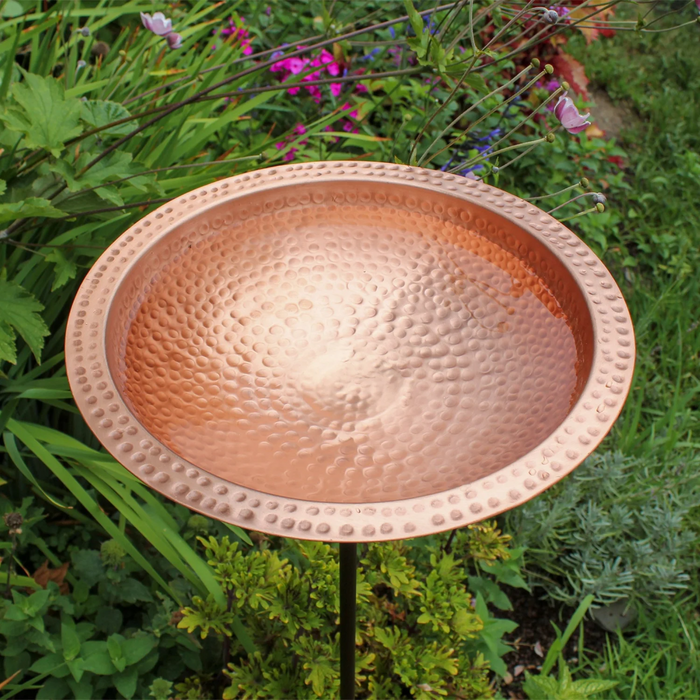 Hammered Solid Copper Birdbath & Garden Stake