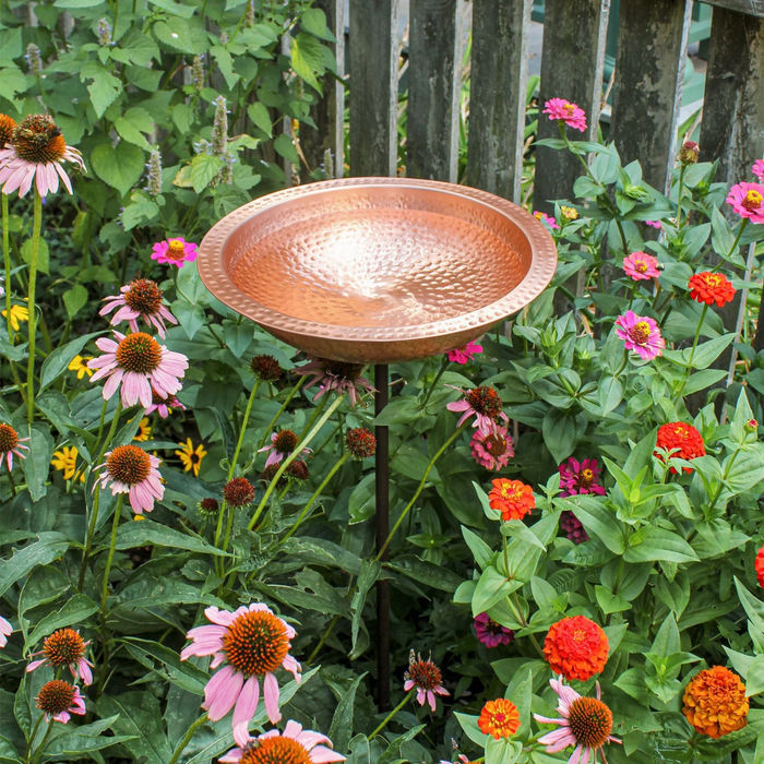 Hammered Solid Copper Birdbath & Garden Stake