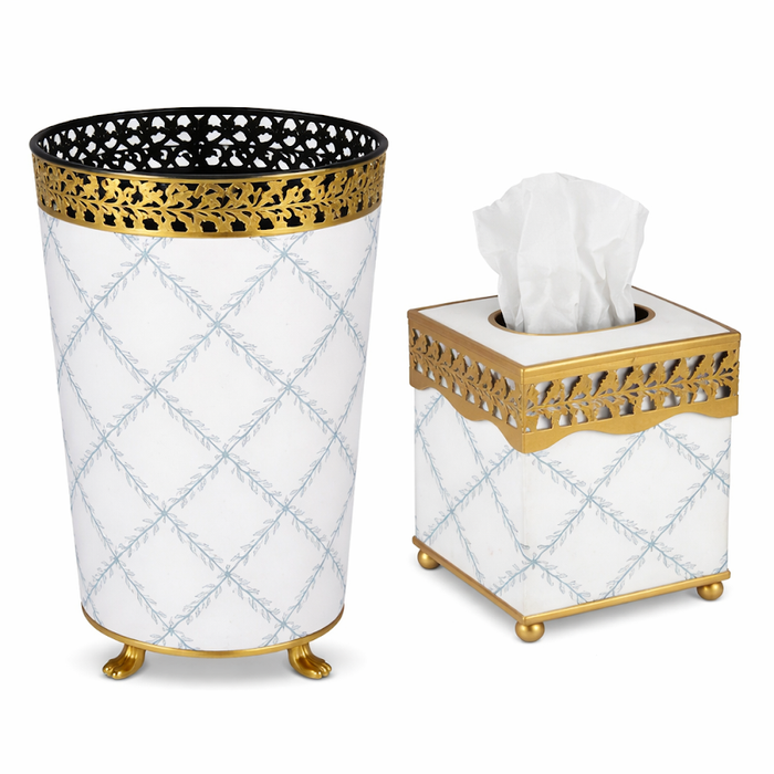 Ivory & Blue Pierced Gold Leaf Wastepaper Basket