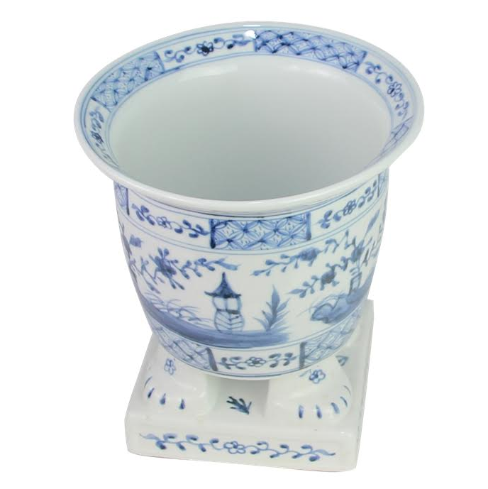 Light Blue Footed Village Scene Planter - The Well Appointed House