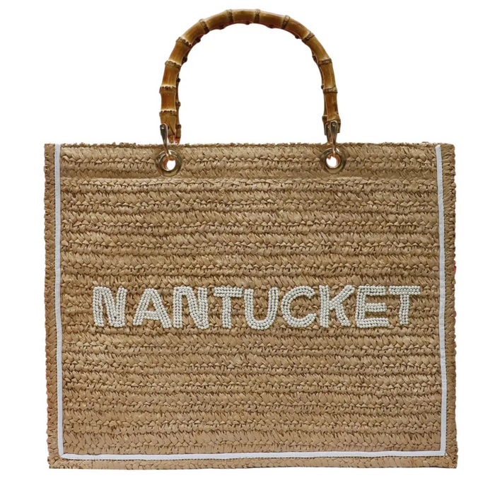 Personalized Natural Straw Tote with Bamboo Handle - The Well Appointed House