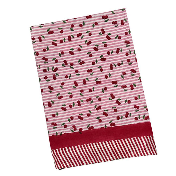 Pink Striped Cherry Print Hand Block Printed Tablecloth - The Well Appointed House
