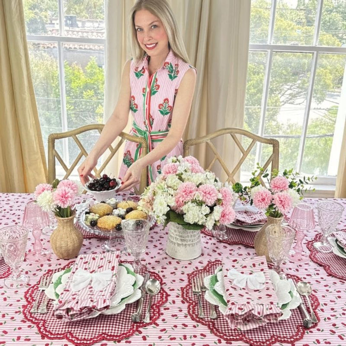 Pink Striped Cherry Print Hand Block Printed Tablecloth - The Well Appointed House