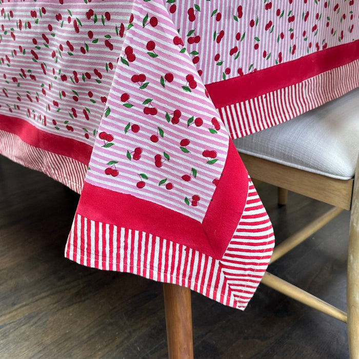 Pink Striped Cherry Print Hand Block Printed Tablecloth - The Well Appointed House