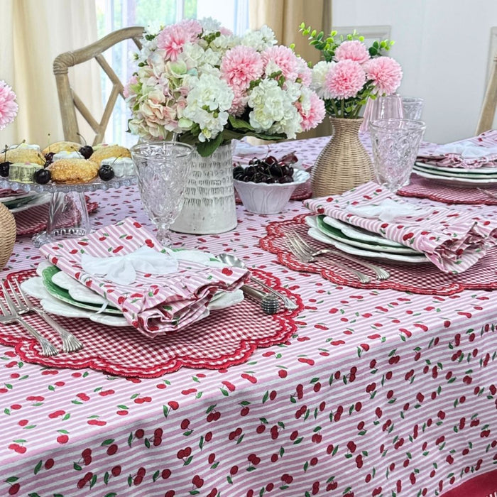 Pink Striped Cherry Print Hand Block Printed Tablecloth - The Well Appointed House