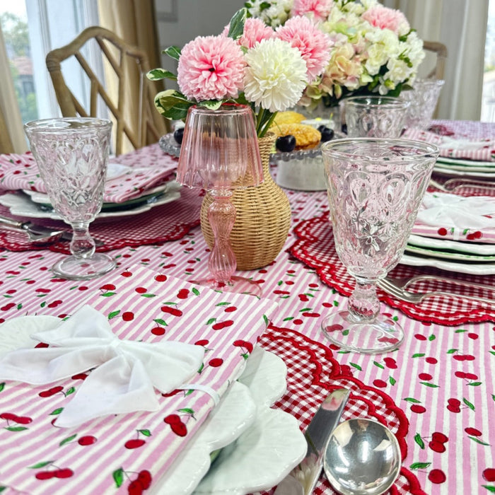 Pink Striped Cherry Print Hand Block Printed Tablecloth - The Well Appointed House