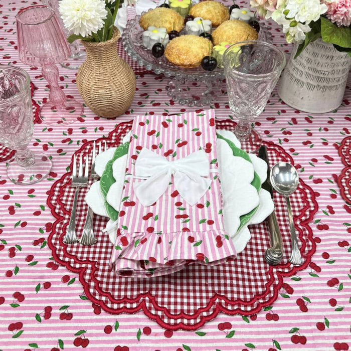 Pink Striped Cherry Print Hand Block Printed Tablecloth - The Well Appointed House