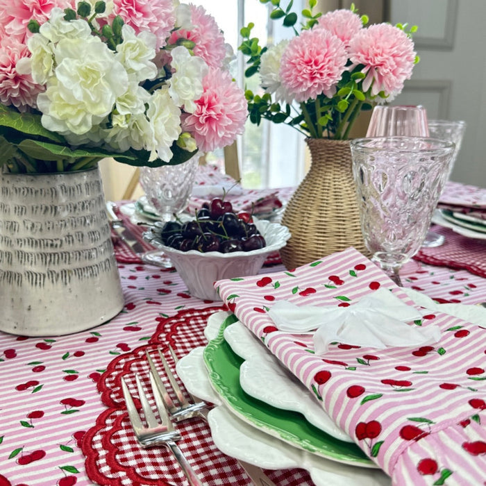 Pink Striped Cherry Print Hand Block Printed Tablecloth - The Well Appointed House