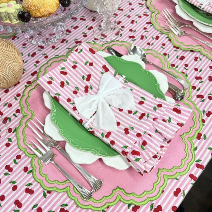 Pink Striped Cherry Print Hand Block Printed Tablecloth - The Well Appointed House