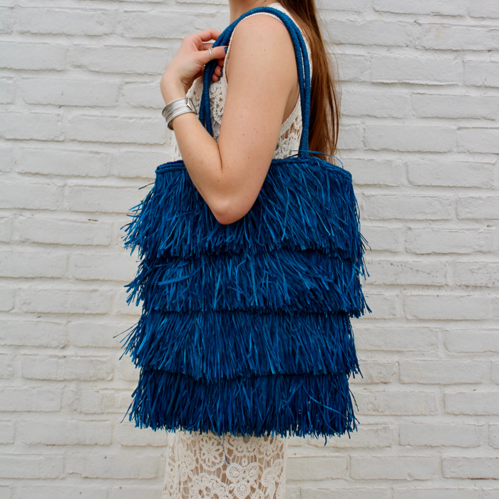 Blue Sasha Woven Raffia Tote - The Well Appointed House