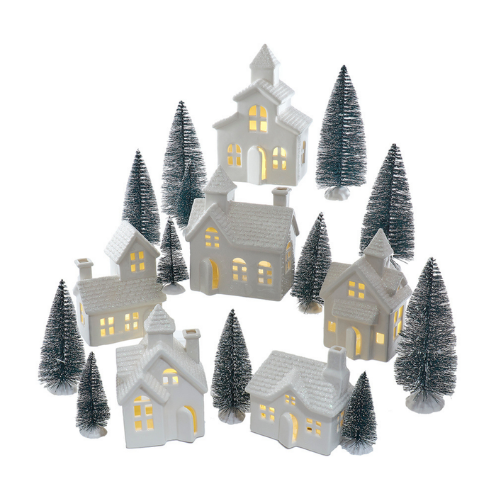 Set of 24 Battery Operated Porcelain Lighted Houses, Trees & Candles - The Well Appointed House