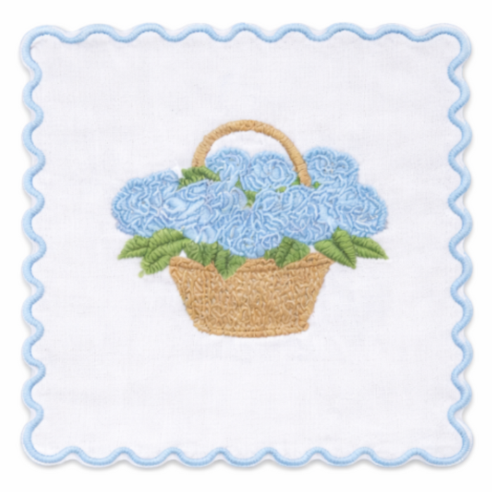 Set of 4 Blue Hydrangea Embroidered Cocktail Napkins - The Well Appointed House