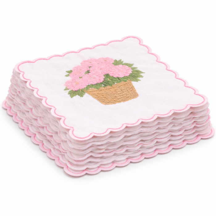 Set of 4 Pink Hydrangea Embroidered Cocktail Napkins - The Well Appointed House