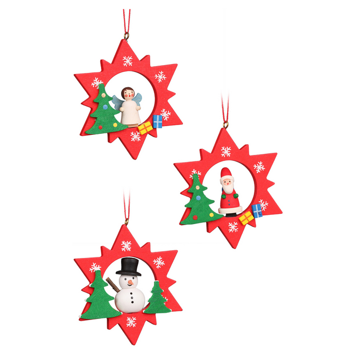 Set of Six Christian Ulbricht Angel, Santa, Snowman Red Star Christmas Ornaments - The Well Appointed House