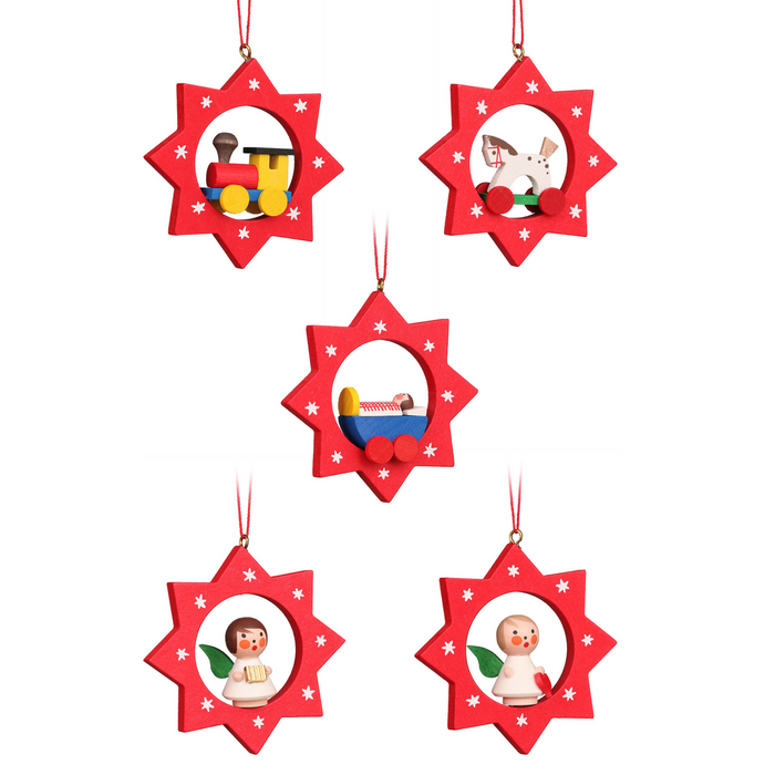 Set of Six Christian Ulbricht Toys in Red Stars Christmas Ornaments - The Well Appointed House