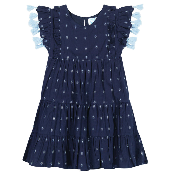 Sophie Girl's Tassel Dress Navy Turquoise Swiss Dot - The Well Appointed House