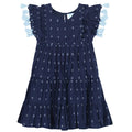 Sophie Girl's Tassel Dress Navy Turquoise Swiss Dot - The Well Appointed House