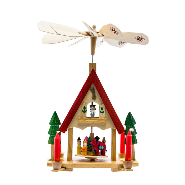 Wooden Christmas Alpine House Carousel With Candles - The Well Appointed House